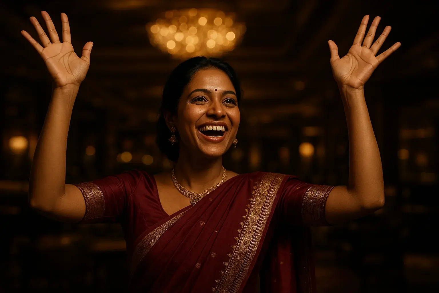 Joyful Bangladeshi woman in traditional attire celebrating in VIP casino lounge