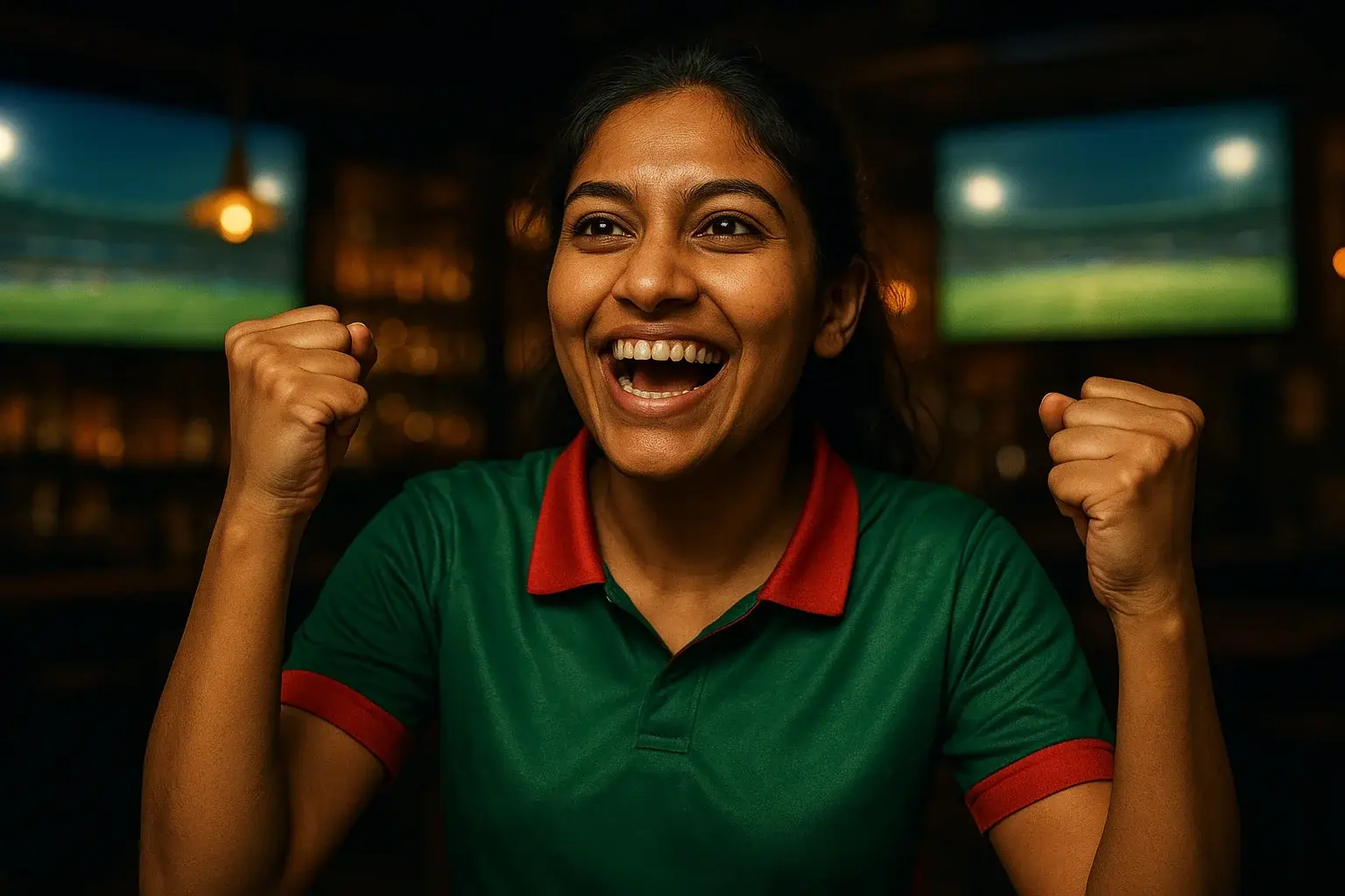 Enthusiastic Bangladeshi woman in cricket jersey celebrating with raised fists