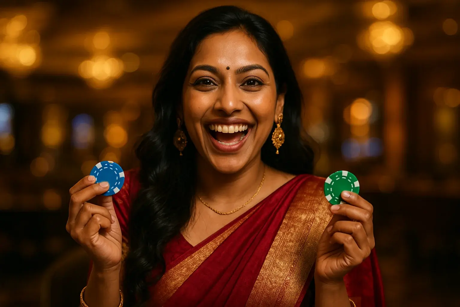 Joyful Bangladeshi woman holding casino chips in VIP lounge