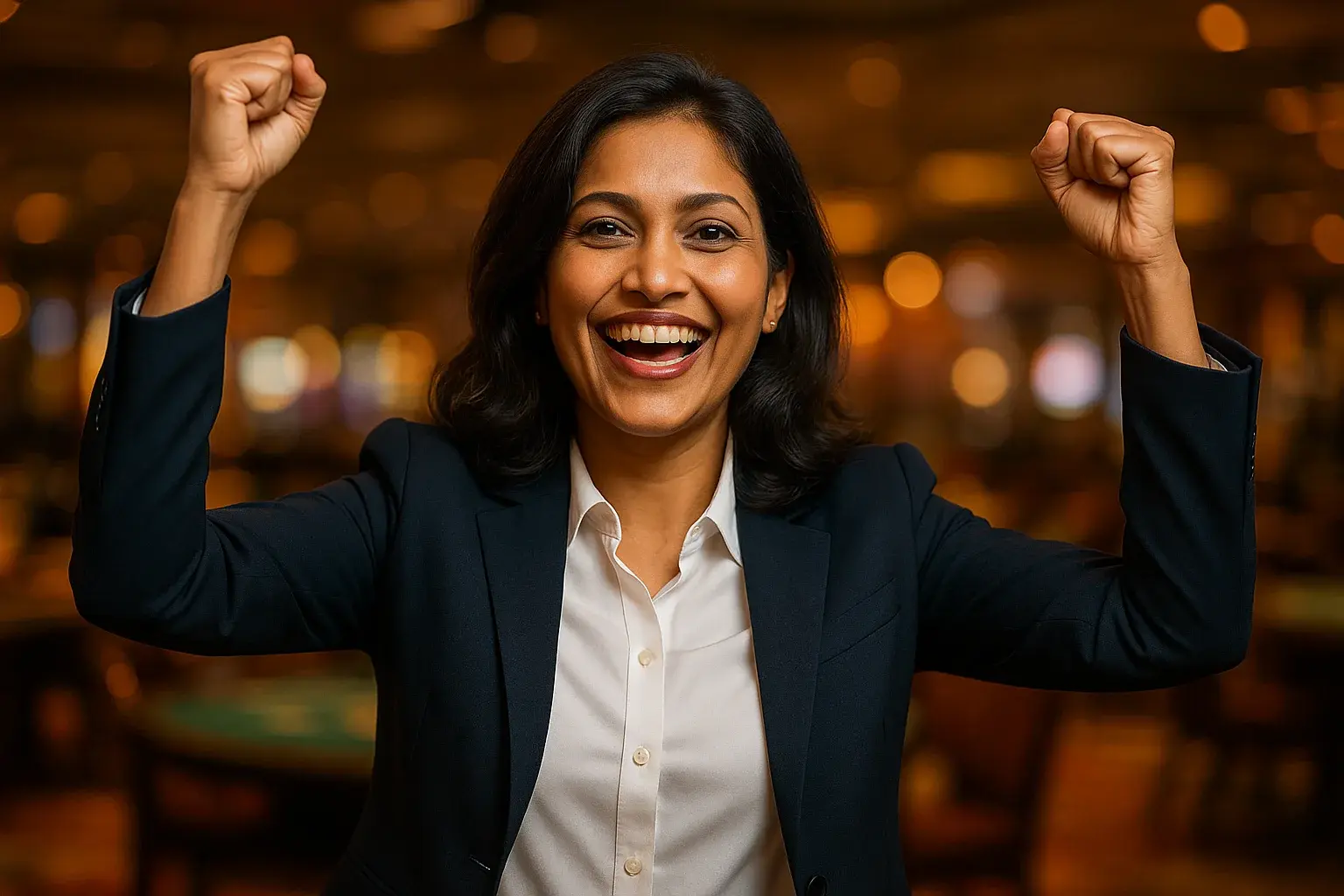 Elegant Bangladeshi businesswoman celebrating with raised arms in casino lounge bokeh
