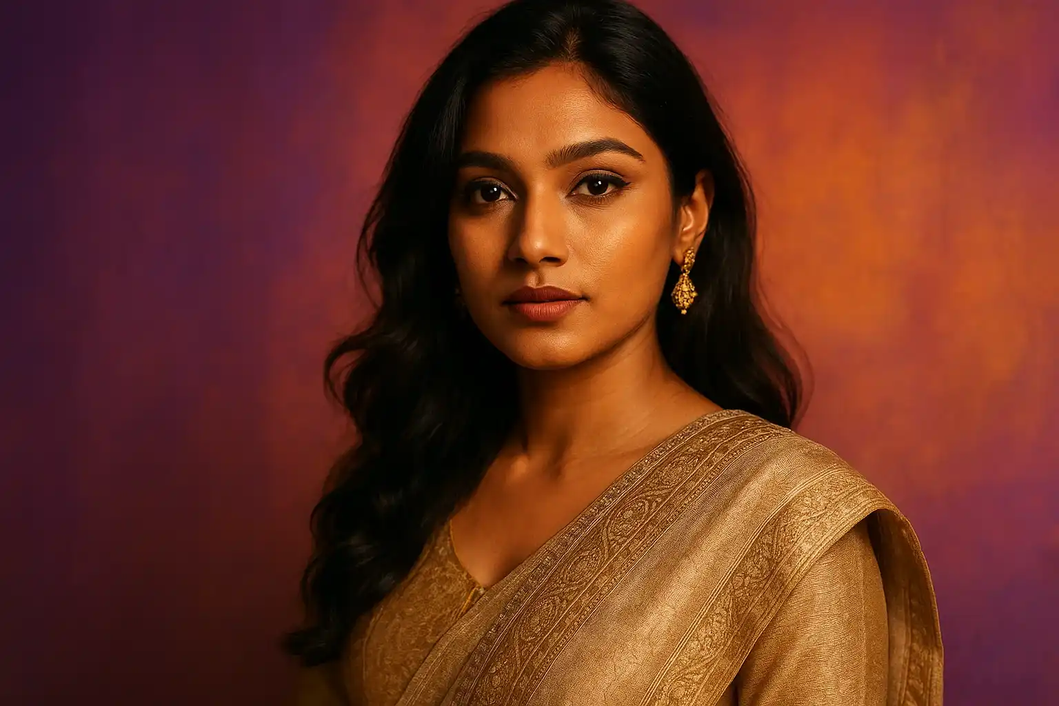 High-resolution portrait of stylish Bangladeshi woman on purple and gold gradient background