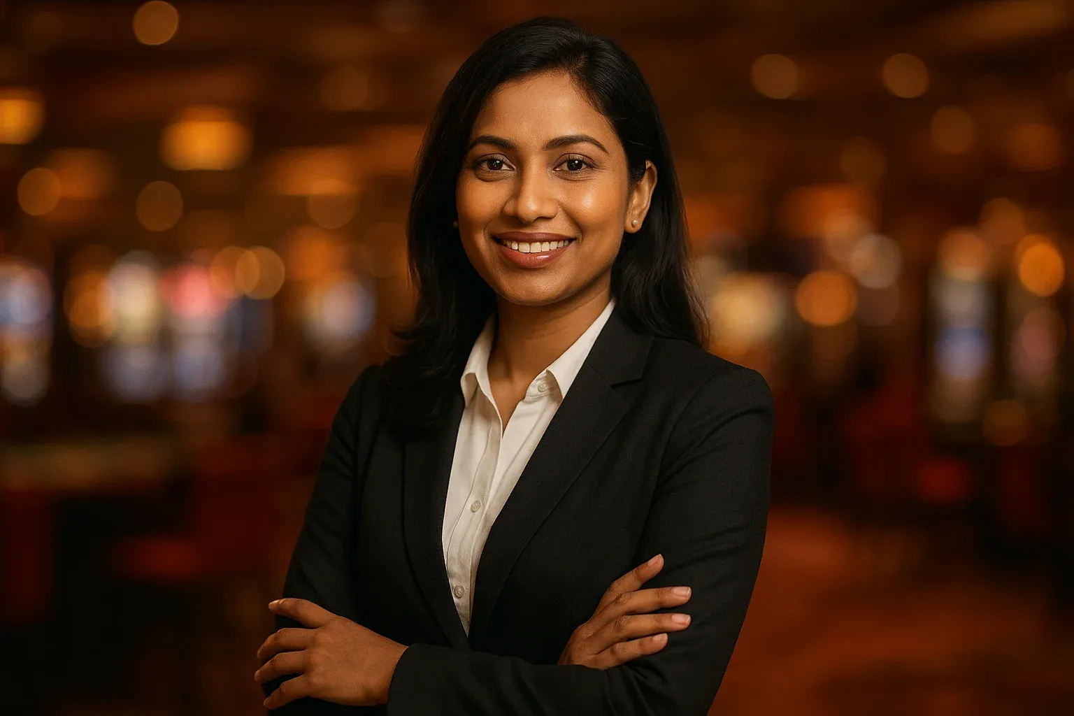 Elegant Bangladeshi woman in business attire smiling with warm casino bokeh background