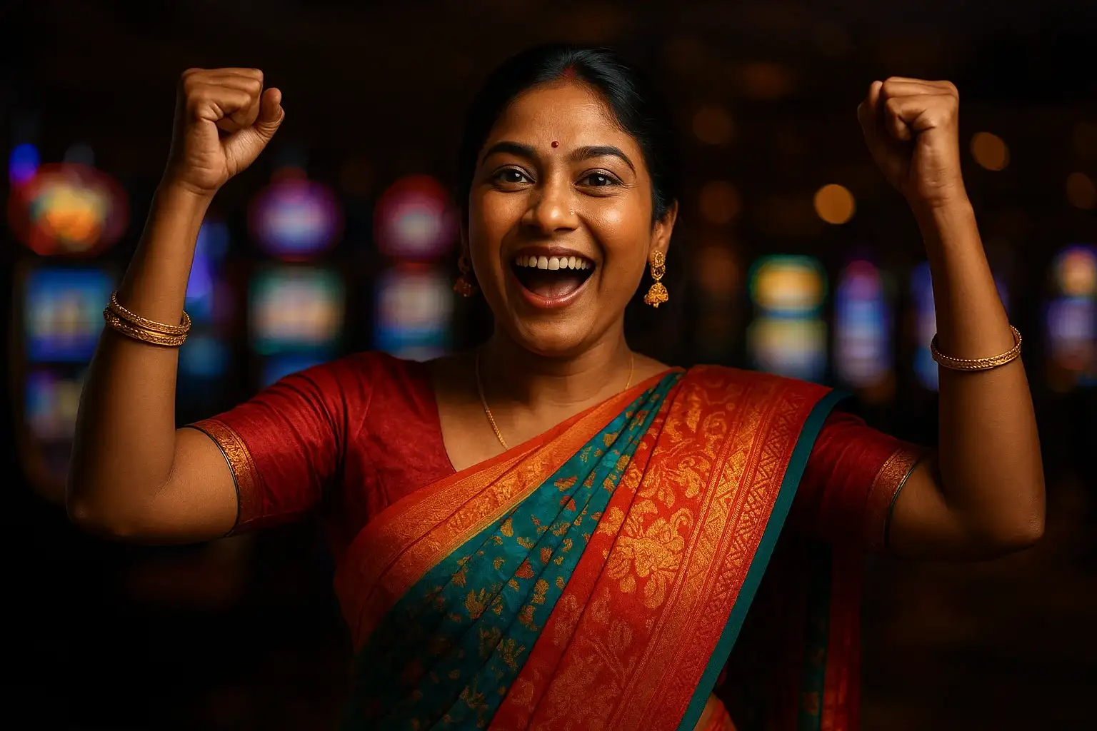 Excited Bangladeshi woman celebrating with raised arms on casino slot floor